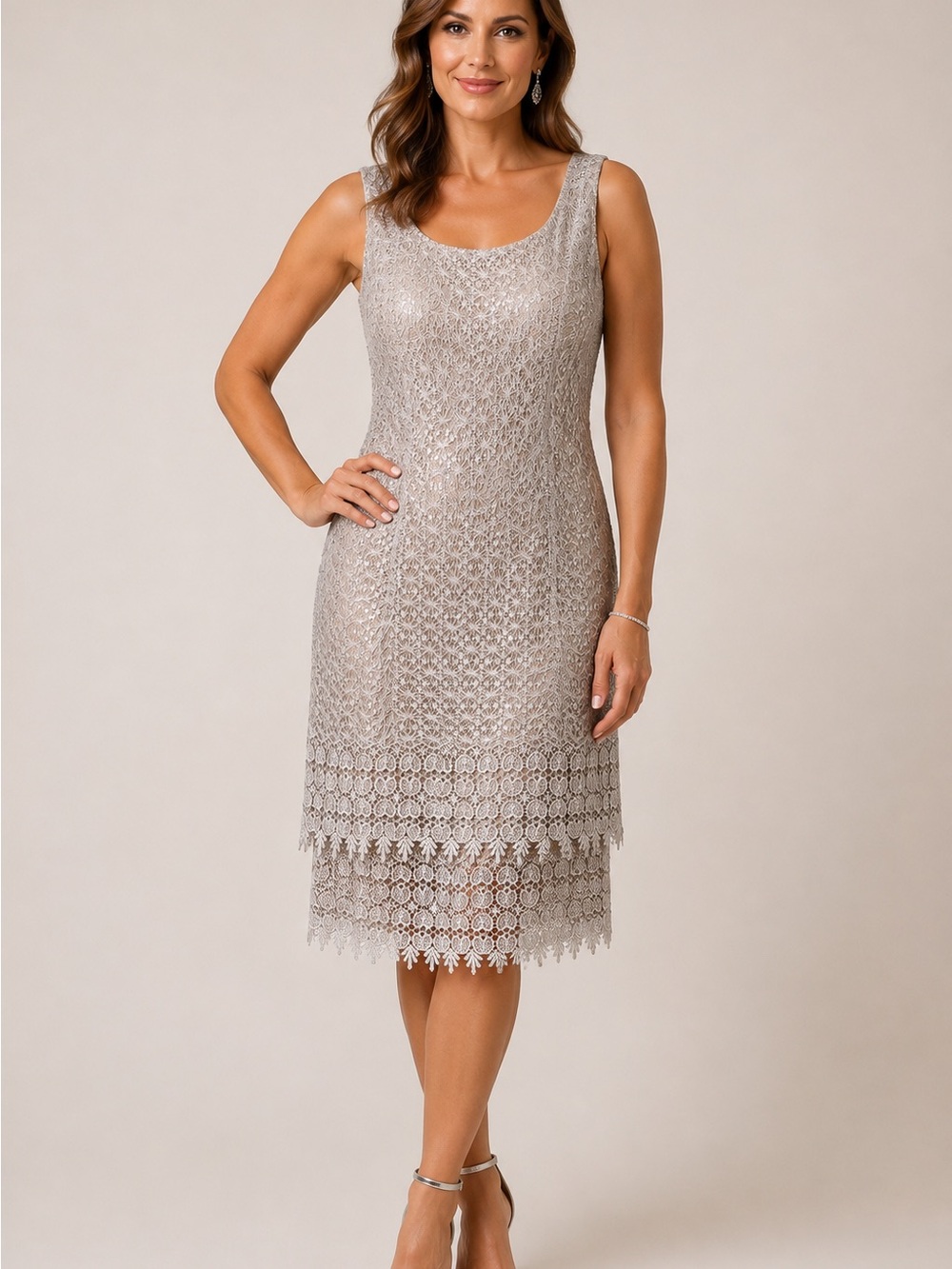 Alex Evenings Silver Gray Lace Scoop-Neck Cocktail Dress formal wedding size 12